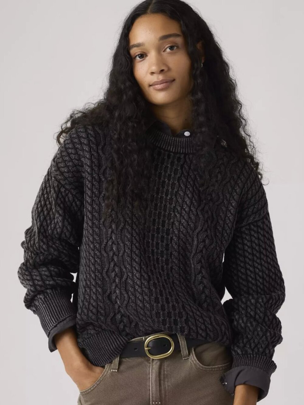 LEVI'S NWT Leilah Cable Crewneck Sweater Washed Anthracite Black – XS